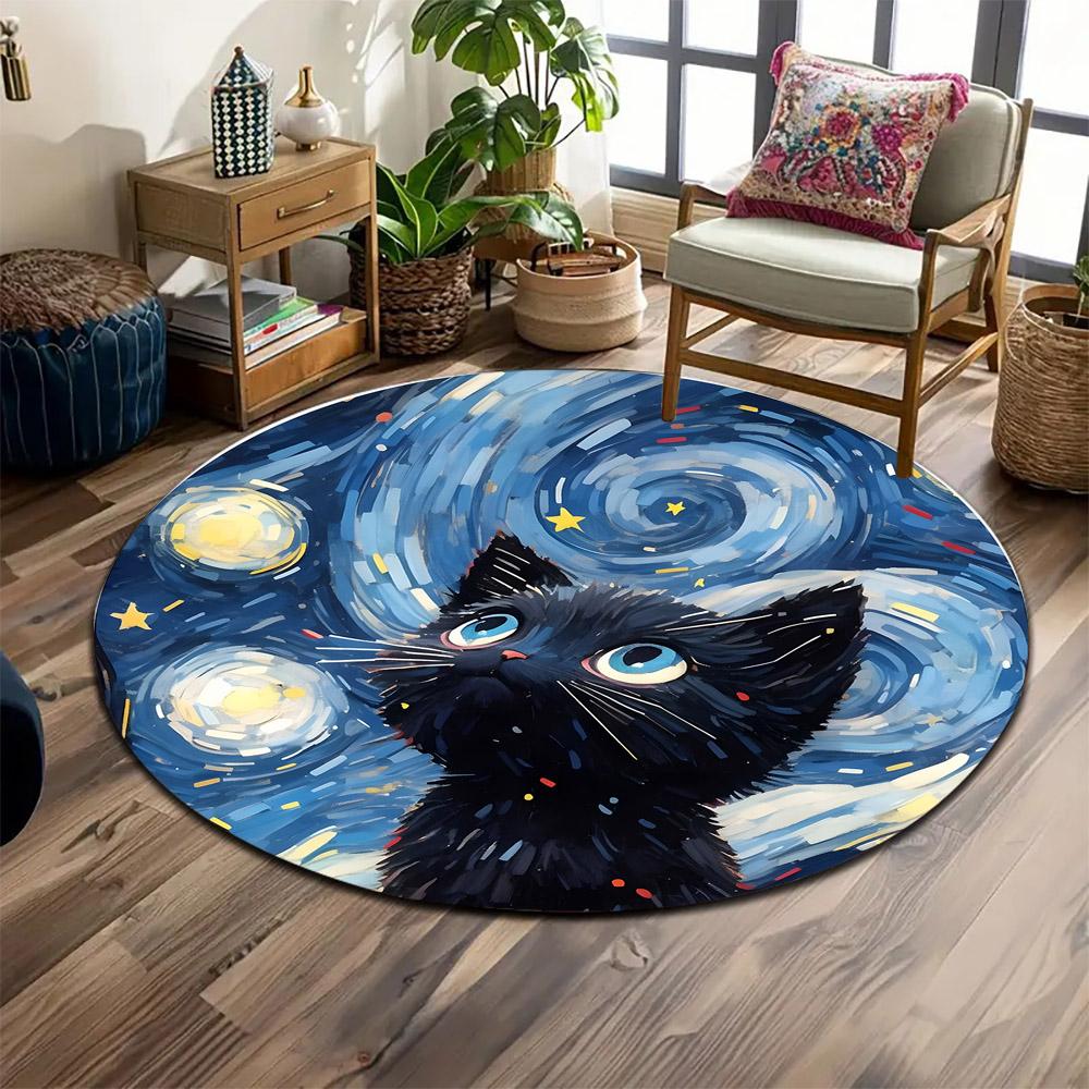 Starry Night Black Cat Print round rug, living room, bedroom, playroom carpet, non slip floor mat, gift