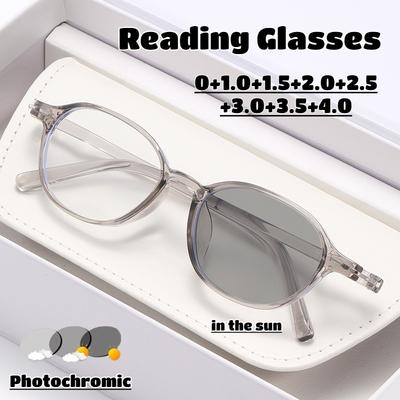 Photochromic HD Anti-blue Light Presbyopia Glasses Oval Small Frame Fashion Reading Glasses Outdoor UV Protection Glasses +4.0