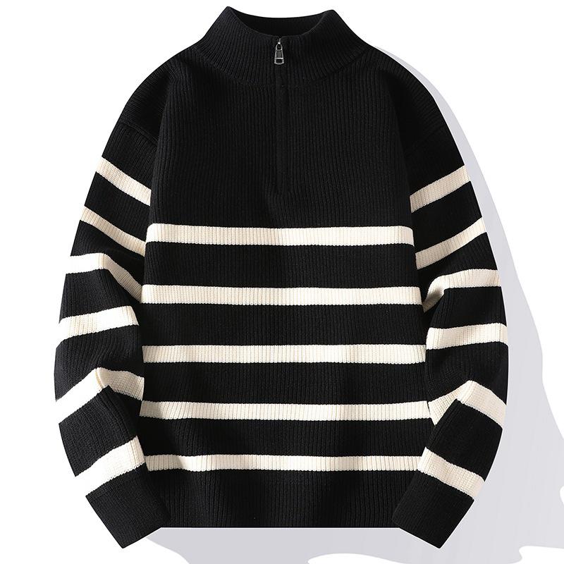 Herren Schwarz-Weiß Gestreifter Pullover mit halbem Reißverschluss und Stehkragen für Frühling & Herbst.