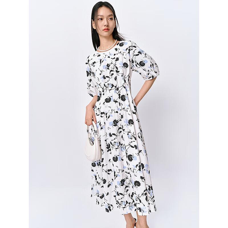 

PEACEBIRD Women s Printed Puff Sleeve Pleated Floral Long Dress M