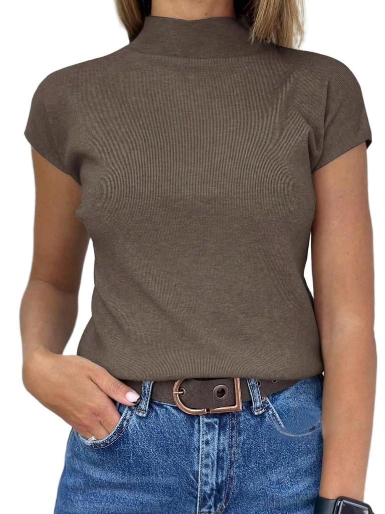 Women's Mock Neck Short Sleeve Knit Sweater Slim Fit Summer Casual Pullover Top