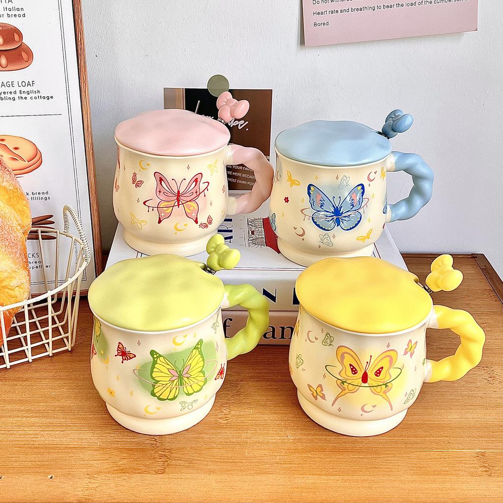 Butterfly Mug Girl Heart Ceramic Cup with Lid with Spoon High Value Water Cup Office Coffee Breakfast Cup