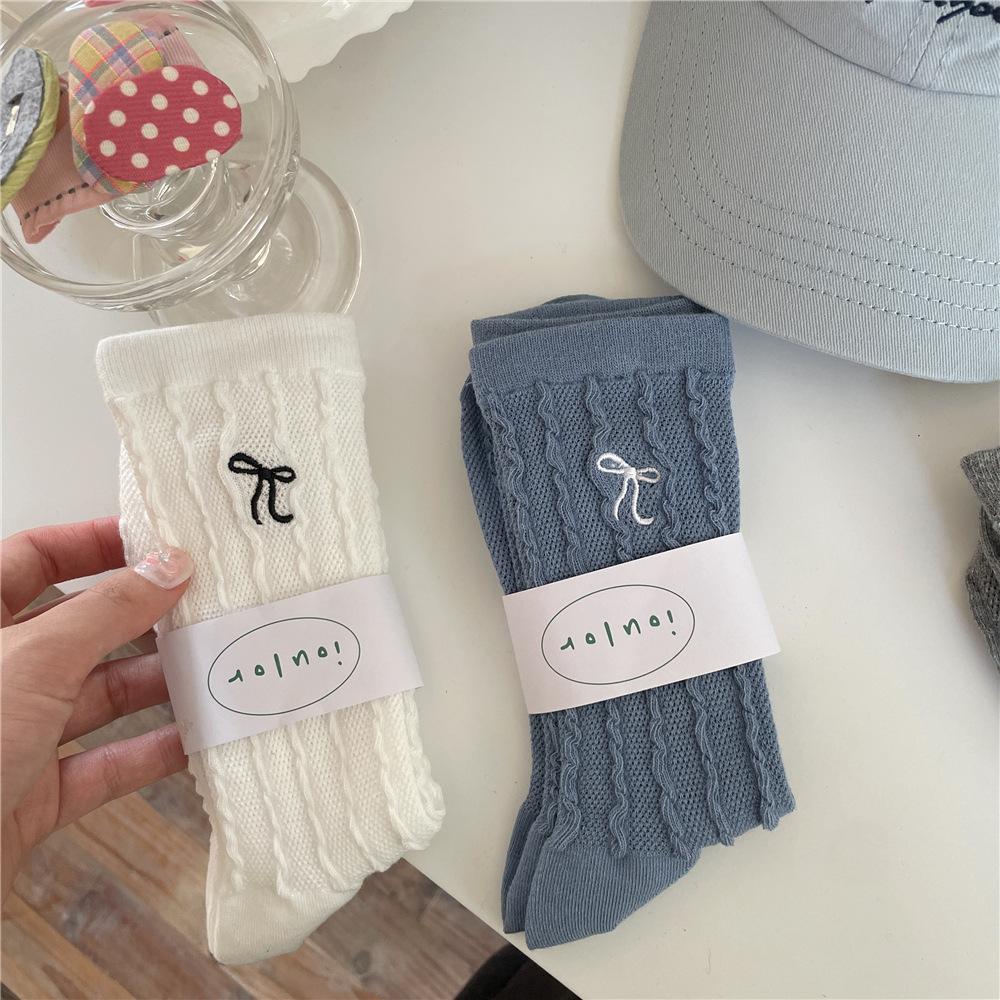 Women's Summer Bow College Style Breathable Hollow Mesh Mid Tube Socks