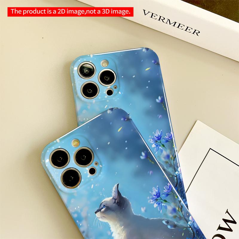 2DFlat Blue Flower Cat Dream All Inclusive Film Hard iPhone Case, Compatible with iPhone 18 Pro Max 17 16 15 14 13 12 11