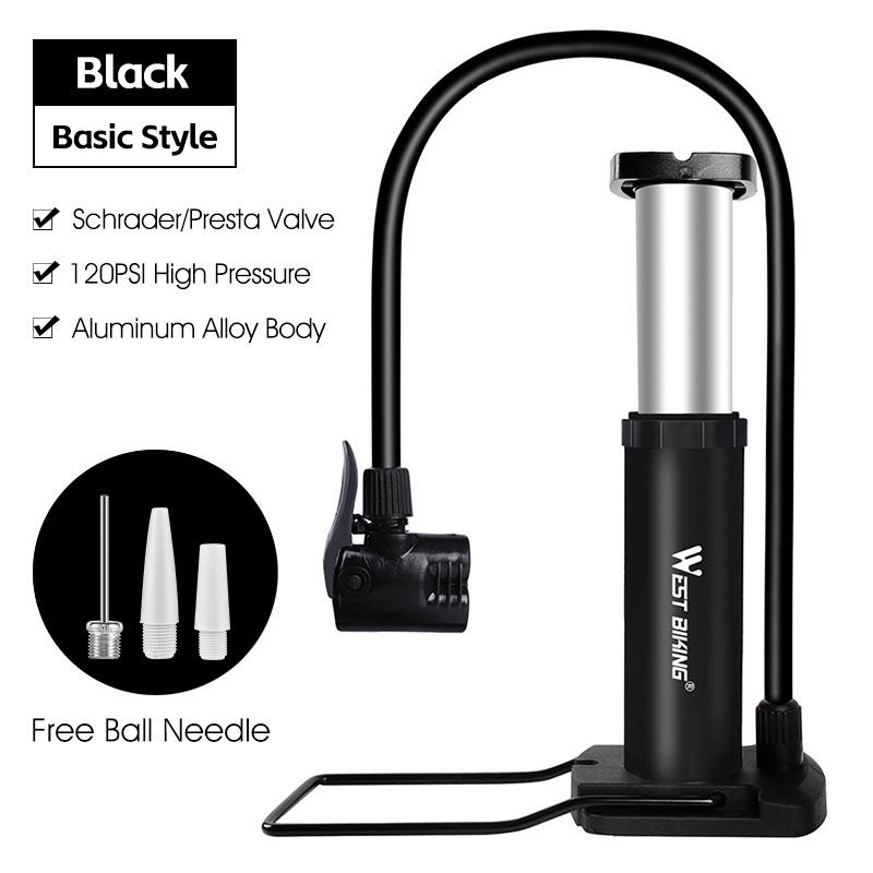 WEST BIKING Ultra-light MTB Road Bike Gauge Pump Portable Cycling Air Inflator Foot Pump 120Psi High Pressure Bicycle Tire Pump Black Without Gauge
