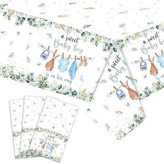 3PCS Greenery Gender Reveal Baby Shower Tablecloth, Boho Greenery A Sweet Baby Boy is On His Way Party Supplies TableCover for Gender Reveal Party, синий