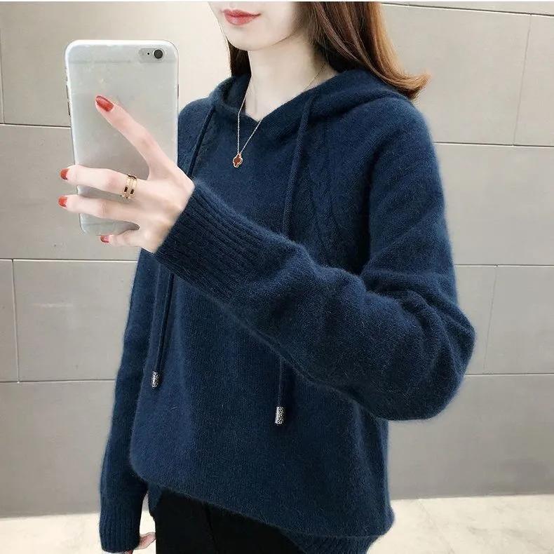 Women Autumn Winter Add Velvet Pullover Knitwear Loose Hooded Sweater Femme Pullovers Knitting Tops