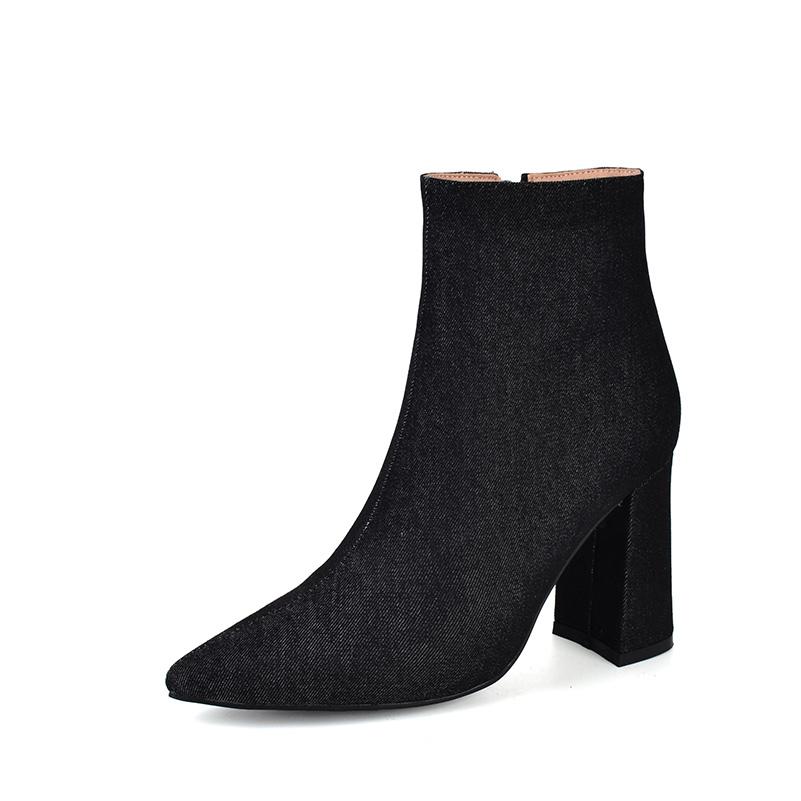 

FOREADA Женские ботильоны с острым носком на массивном высоком каблуке на молнии джинсовые короткие ботинки женская мода осенне-зимняя обувь темно-синий 43 39 чёрный