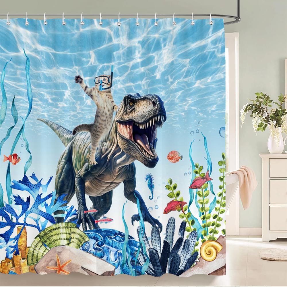 Funny Cat Shower Curtain Teal Blue Ocean Sea Turtle Seahorse Seashell Starfish Tropical Fish Nautical Bathroom Decor with Hooks