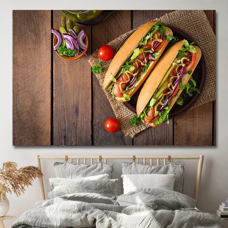 Amerikanischer Stil Fast-Food-Bilder, Leinwandgemälde, Hamburger, Pommes, Hot Dog, Poster und Drucke für Wohnzimmer, Küche, Wanddekoration