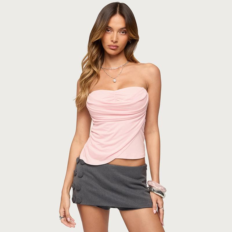 2026 Spring/Summer New Strapless Top for Women, Sexy and Elegant Layered T-Shirt with Draped Design S розовый