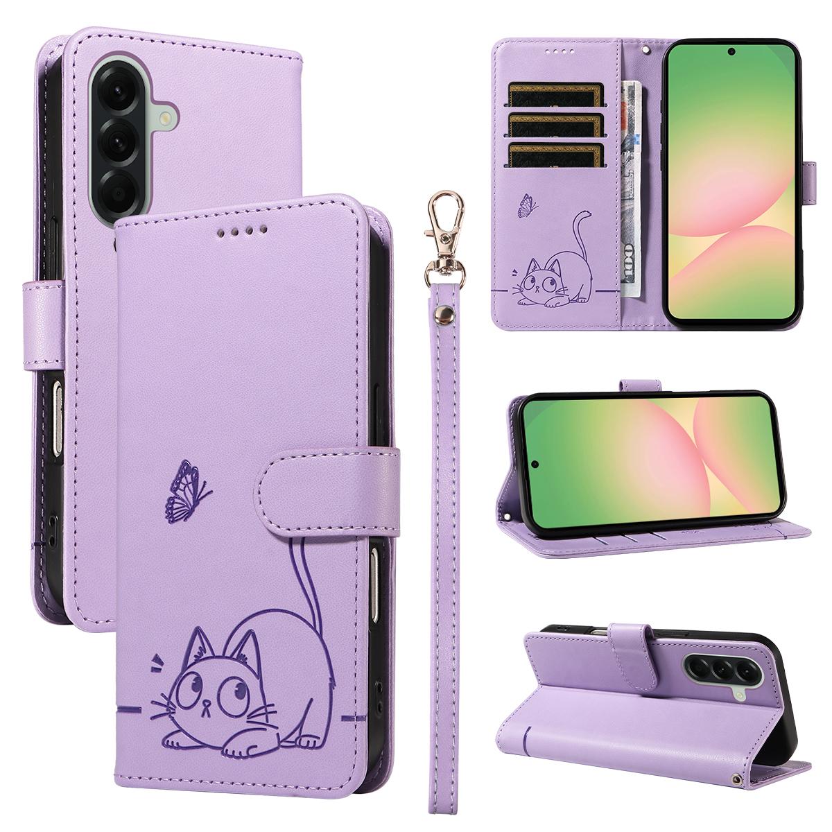 For Samsung Galaxy A57 5G Case Cat Pattern Imprint Leather Phone Cover with Wrist Strap