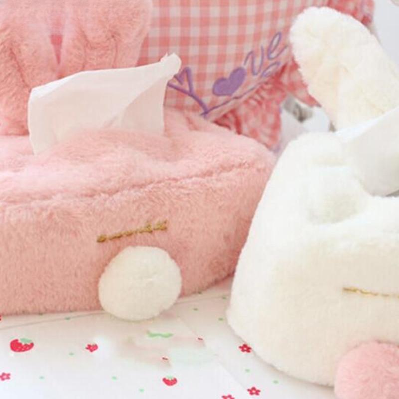 Sweet Color Pink White Plush Rabbit Tissue Box Durable Home Car Hotel Sofa Paper Tissue Holder Napkin Case Pouch Girl's Gift