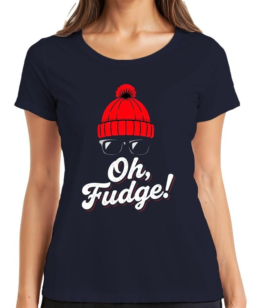 Oh Fudge Christmas Funny Saying Hat Glasses Winter Hipster Ladies TShirt S