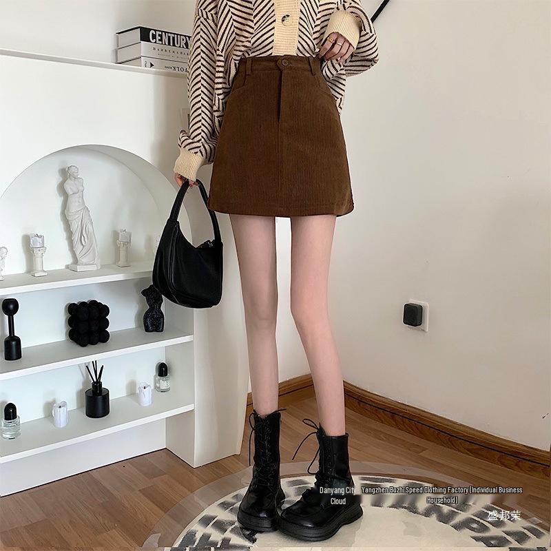 Women's Coffee Corduroy High Waist A-line Skirt - Korean Style, Autumn/Winter, Slim Fit