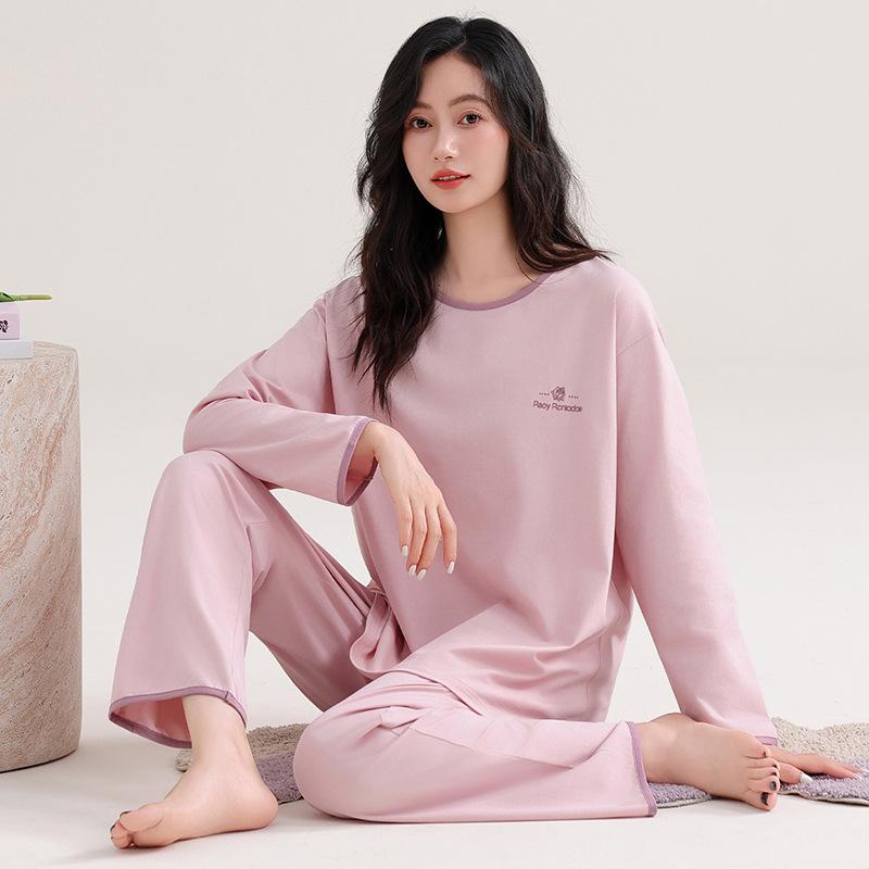 

Pajamas with chest pads, women s spring and autumn pure cotton long-sleeved new women s spring clothing round neck loose loungewear set M recommended 40-50kg