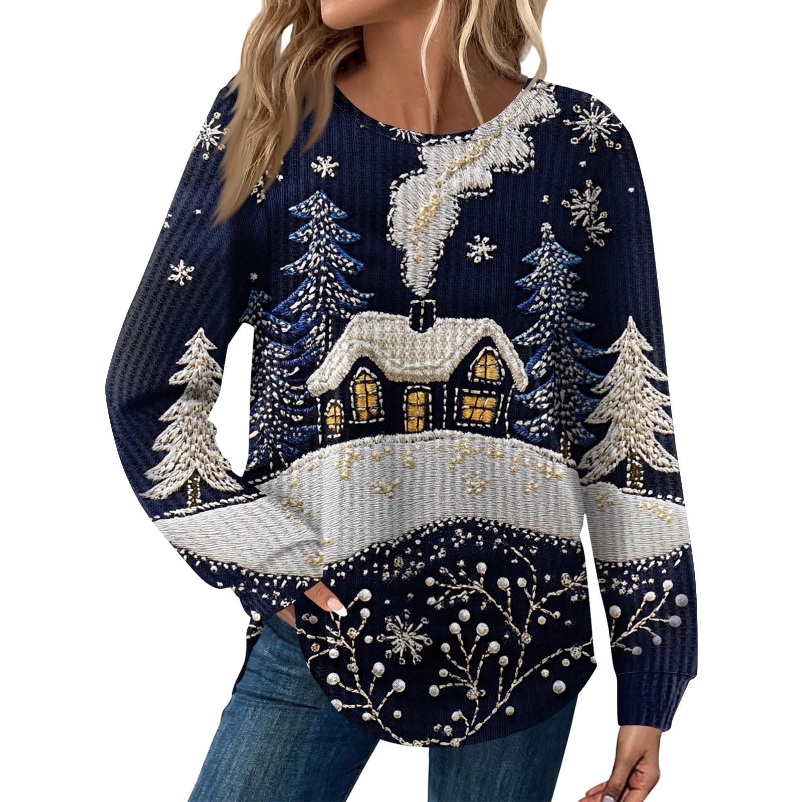 

Женская мода Рождественский свободный топ с длинным рукавом и круглым вырезом XXL