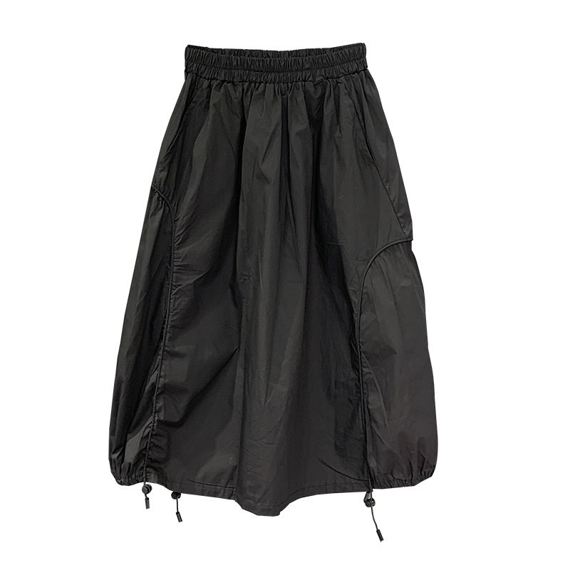 

Black Slim Looking All-Match Mid Length Long Length A- line Dress with Drawstring Black S