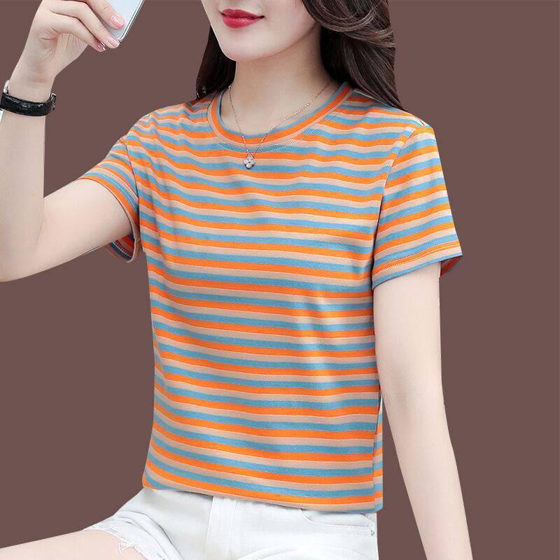 Dam T-shirt med ränder i större storlek för sommaren - Snygg, Föryngrande, Rymlig passform, Kortärmad vardagstopp