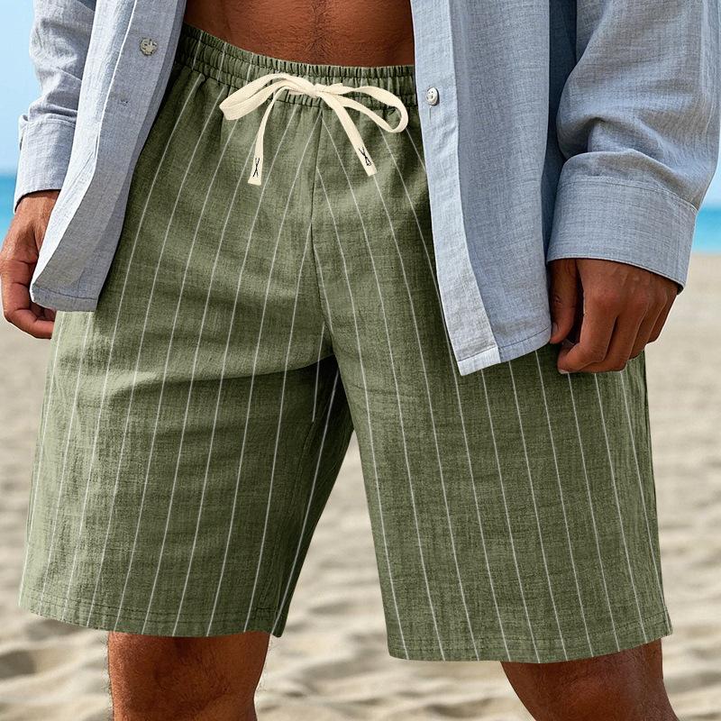 Mens Casual Striped Drawstring Elastic Waist Linen Shorts S зелёный