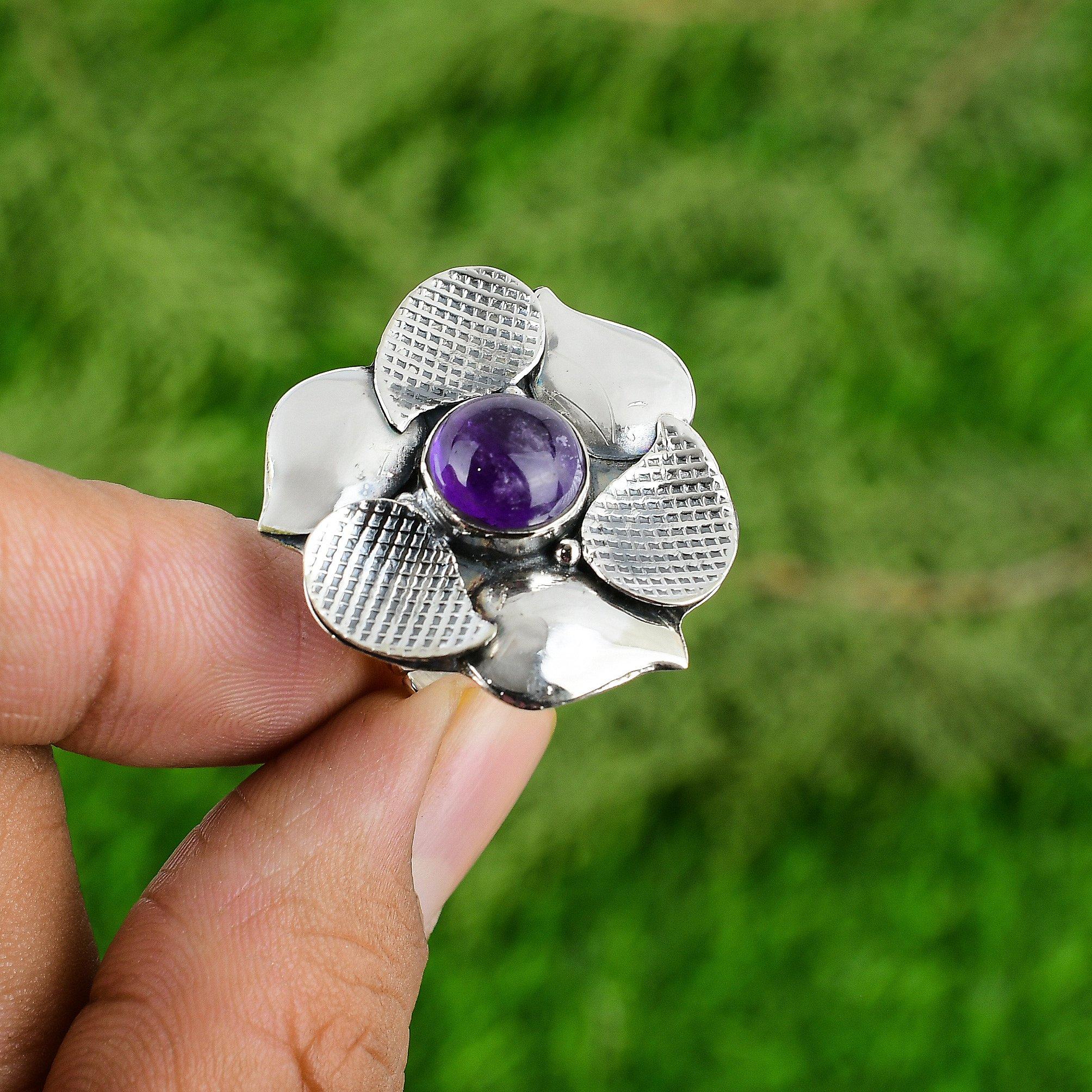 

Кольцо-солитер из стерлингового серебра с камнем африканский аметист, февраль, в виде цветка Adjustable