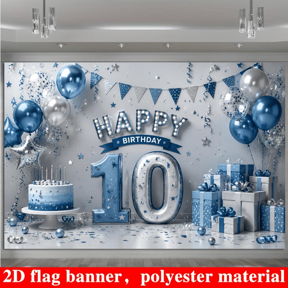 Blue Silver 10th Birthday Banner Backdrop Balloons Cake Gift Boxes Stars