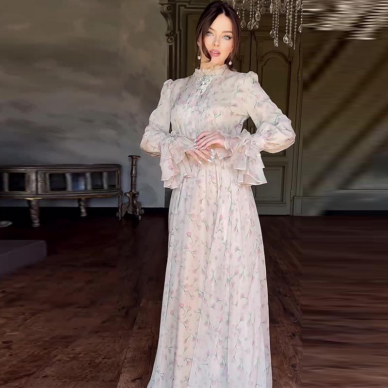 2024 Autumn Women's French Tea Break Floral Dress - Elegant and Stylish