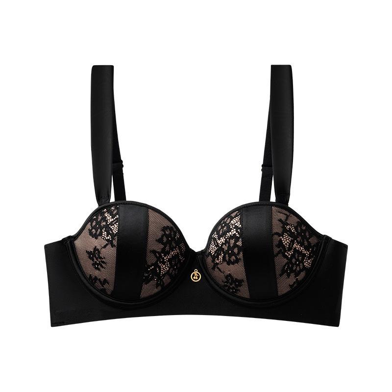New lace satin splicing underwear women's small breasts gather and show big without steel ring upper support sexy bra