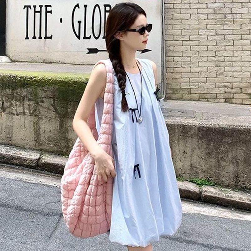 French Haute Bow First Love Fairy Sleeveless Vest Blue Dress Summer Loose Skinny Bud Short Skirt