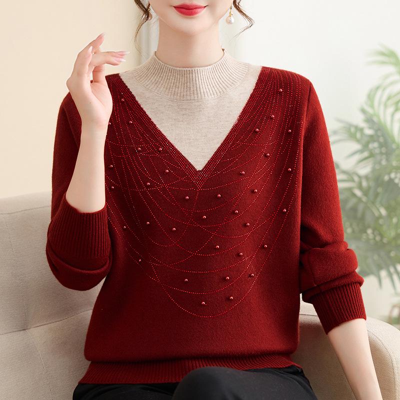 

Mid to Elderly Women s Autumn/Winter Knitted Sweater: Half-High Collar, Two-Piece, Velvet-Integrated, Versatile, Warm, Plus Velvet Top XL (90-105 jin)