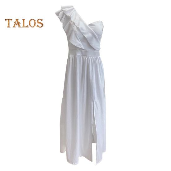 Lady Evening Dress One Shoulder Sleeveless Split Hem Solid Color Ruffle Pleated Solid Color Off Shoulder Prom Cocktail Party Maxi Dress Ball Gown