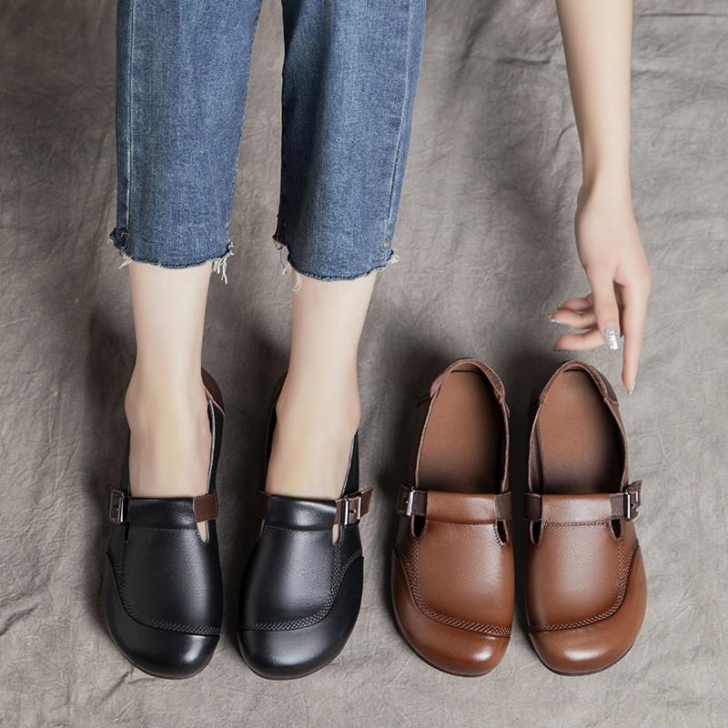 Johnature Round Toe Soft Soled Flat Shoes Casual Genuine Leather Loafers Versatile Women's Slip-on Shoes