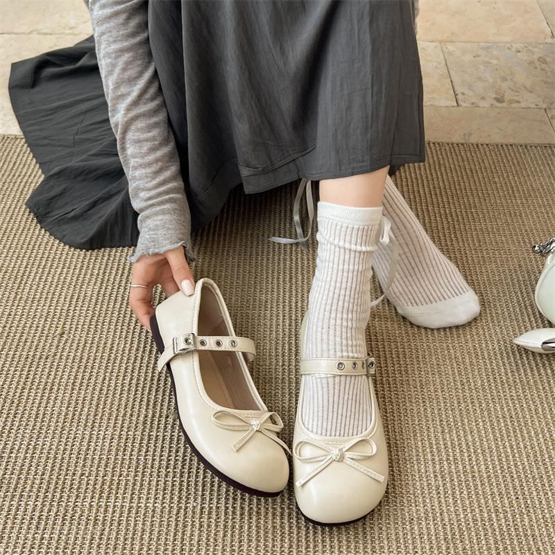 Shallow mouth flat-soled single shoes women's white round head bow Mary Jane shoes