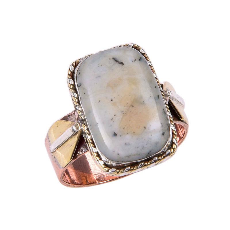 Natural Dendrite Opal Gemstone 925 Solid Sterling Silver TwoTone Ring S.9.5 C8R26