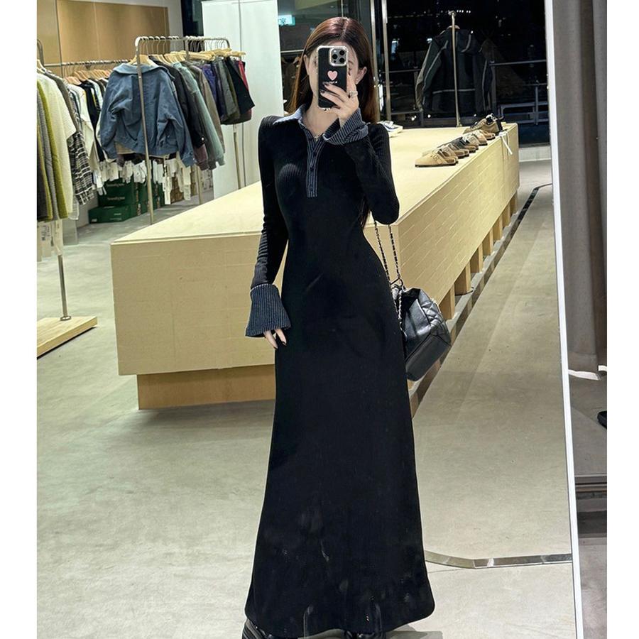 Women's Patchwork Polo Collar Knit Dress Autumn Winter Long Sleeve Slim Fit A-Line Maxi Dress