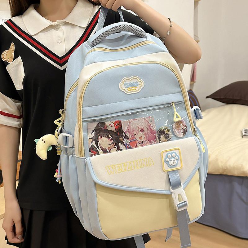 Color Blocked Fashionable Letter Printed Student Backpack With Pendant Daily For