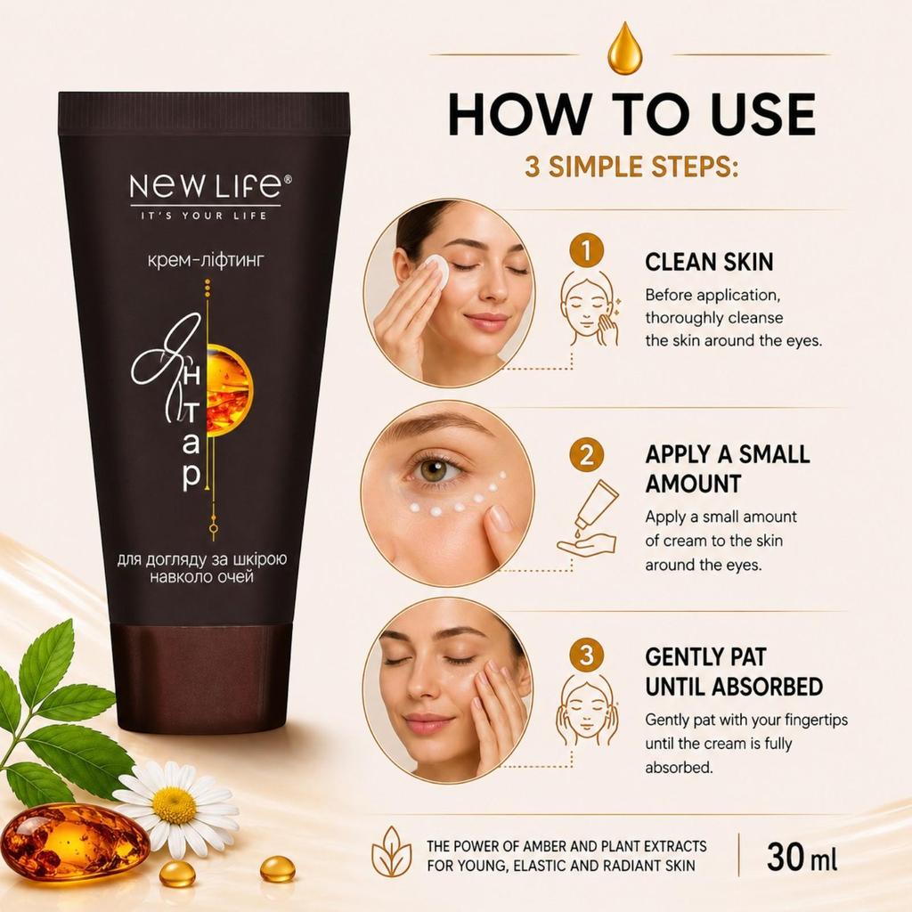 Crème Lifting Ambre Autour des Yeux Nouvelle Vie Nourrissante, Hydratante, Anti-Rides
