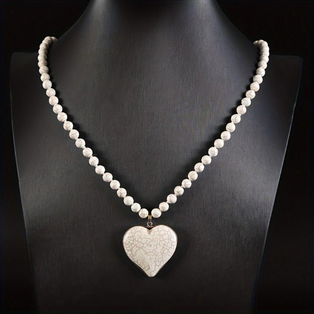Heart Shape Pendant Turquoise Beaded Necklace 8 mm Beads Boho Necklace Women Gift
