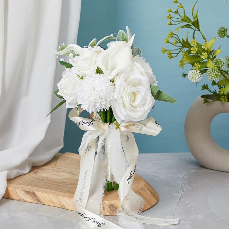 Elegant Flower Bouquet Faux Silky Flowers Stylish White Realistic Rose and Calla Flower Bouquet Set for Event
