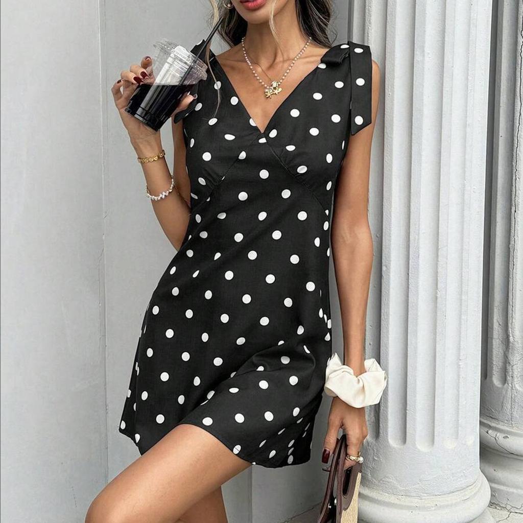 Women V Neck Polka Dot High Waist Tie Dress Sleeveless Above Knee Casual Fit A Line Dress for Daily or Holiday Wear
