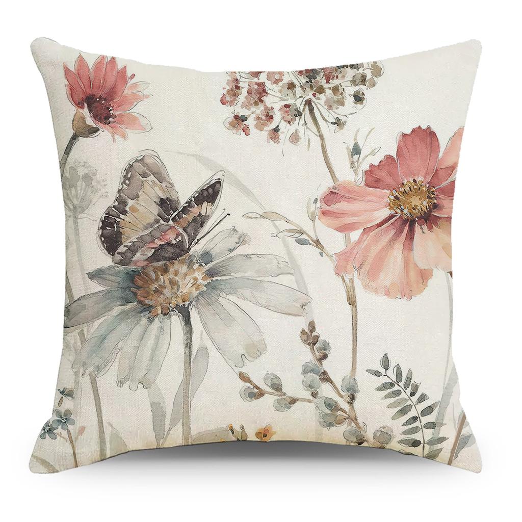 Plant Flower Butterfly Print Linen Pillow Cover Home Sofa Pillow Cushion Cover