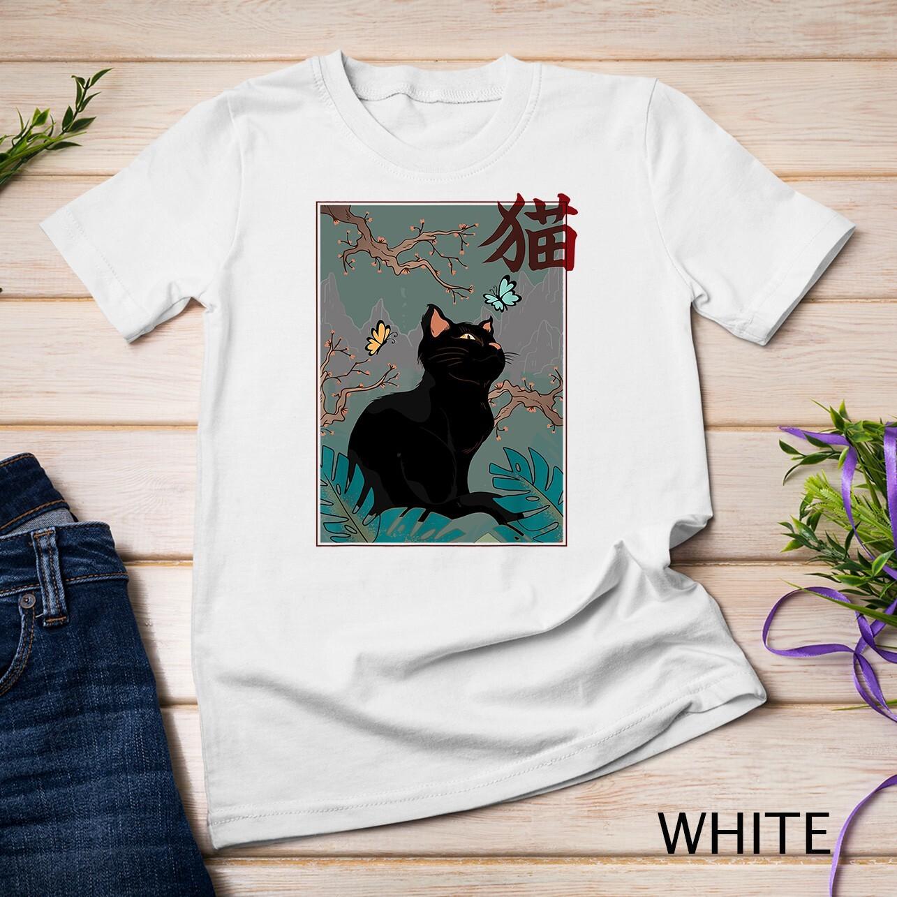 Cherry Blossom Cat Vintage Woodblock Japanese Graphical Art Unisex T-Shirt Mens Womens Tees Top 4XL