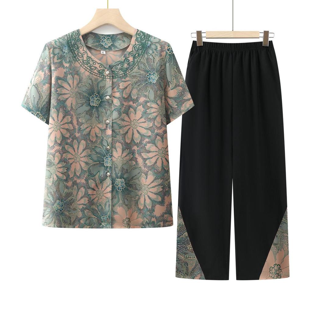 Grandma's Summer Clothing Set: Short-Sleeved Shirt & Cardigan for Middle-Aged Women