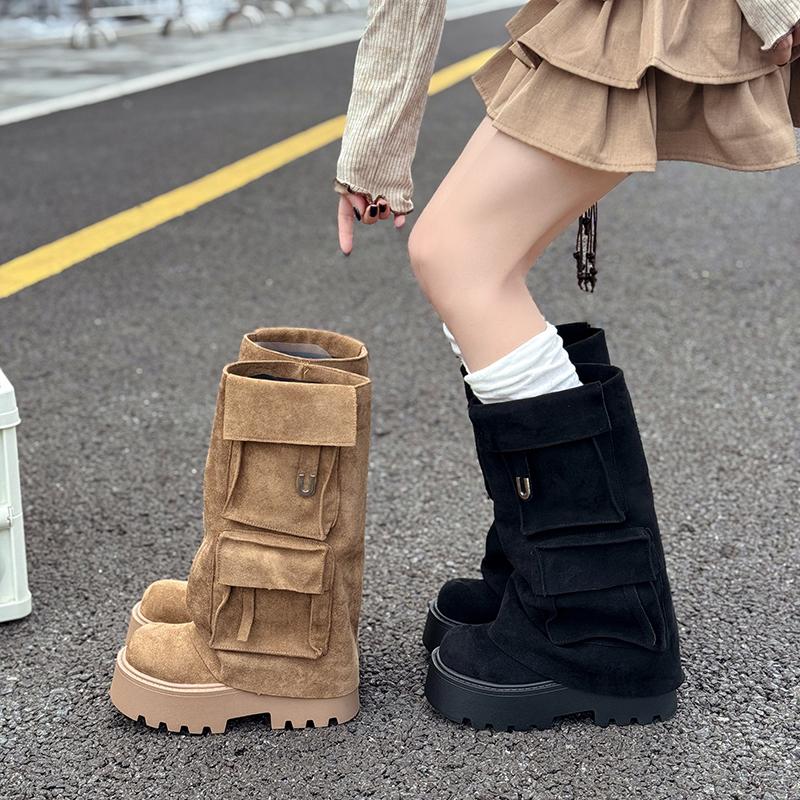 Fashion 2025 Fall Winter New Brown Fashion Boots Versatile Platform Heightened Vintage Trouser Heel Boots Women