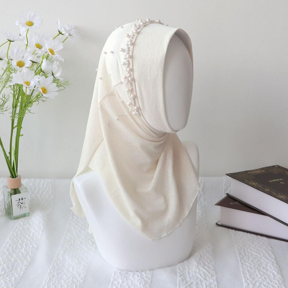Elastic Fit Beaded Hijab Scarf Pearl Beaded Trim Muslim Headscarf Women Turban Cap  Muslim Women жёлтый