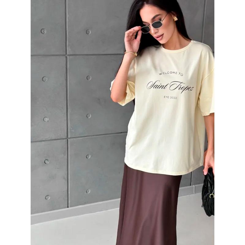 

Женская свободная футболка с коротким рукавом из 100% хлопка, летняя 2025, европейский и американский ленивый стиль M