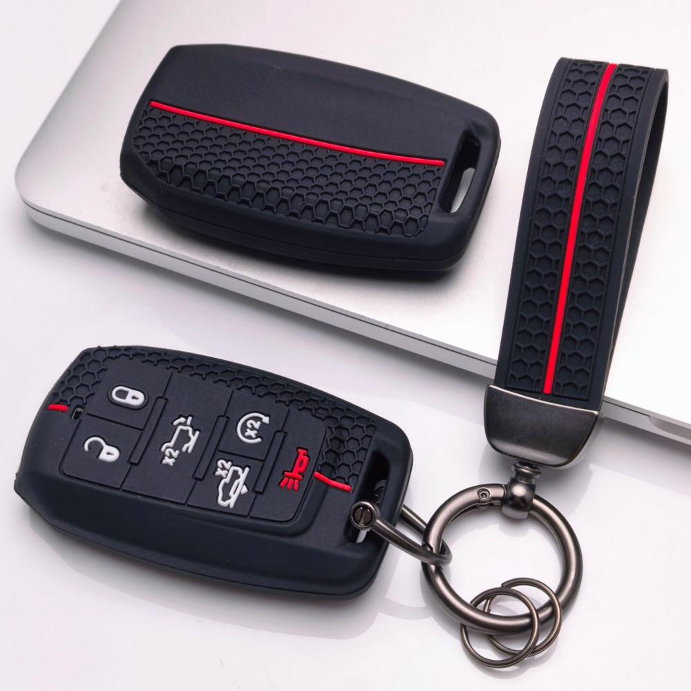 Silicone Key Fob Cover with keychain for Dodge Durango Challenger Charger Chrysler 300 for Jeep Grand Cherokee Grand Wagoneer Protective Case Fits 6