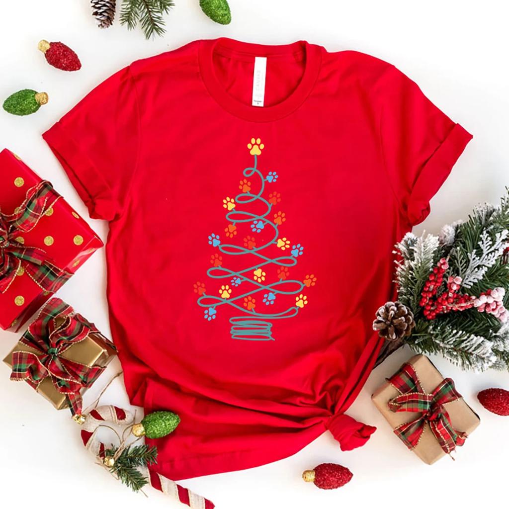 Christmas Dog Print Tree Print T Shirt Short Sleeve O Neck Loose Women Summer Cool Tshirt Ladies Tee Shirt Tops Clothes