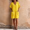 Women V Neck Loose Fit Linen Dress with Pockets Short Sleeve Casual Tunic Dress Comfortable Relaxed Style for Daily Wear