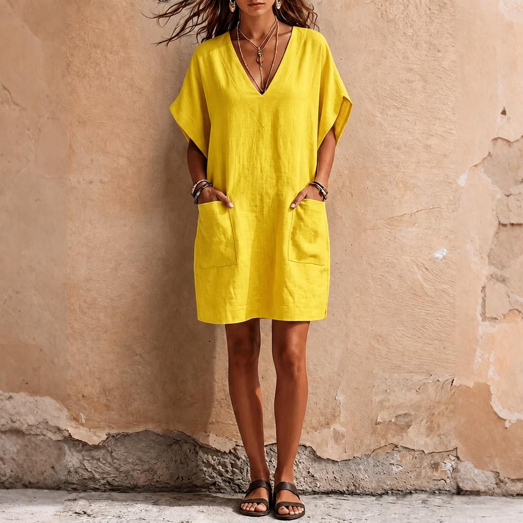Women V Neck Loose Fit Linen Dress with Pockets Short Sleeve Casual Tunic Dress Comfortable Relaxed Style for Daily Wear